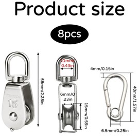 Pack of 8 pulleys for ropes, 4 pieces M15 pulley, 4 pieces carabiner M4, pulley, pulley for ropes, stainless steel pulley, load capacity 150 kg, for sun sail, fitness