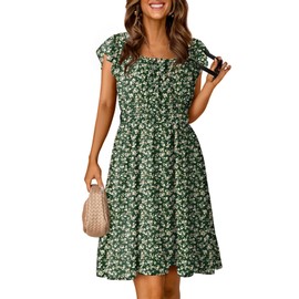 Dokotoo Sundresses for Women 2025 Summer Ruffle Sleeve Smocked Elastic Waist Drawstring Boho Floral Printed Casual A Line Flowy Swing Mini Short Dress Bohemian Beach Party Sun Dresses Green Small
