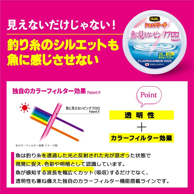 DUEL Shock Leader Invisible Pink Fluoro Fishing Line, 98.4 ft