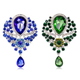 CAREOR 2 Pack Elegant Brooch Pin Corsage Faux Crystal Rhinestones Collar Safety Engraving Metal Lapel Pin Jewelry for Women Girls Clothing Accessories (Blue+Green)