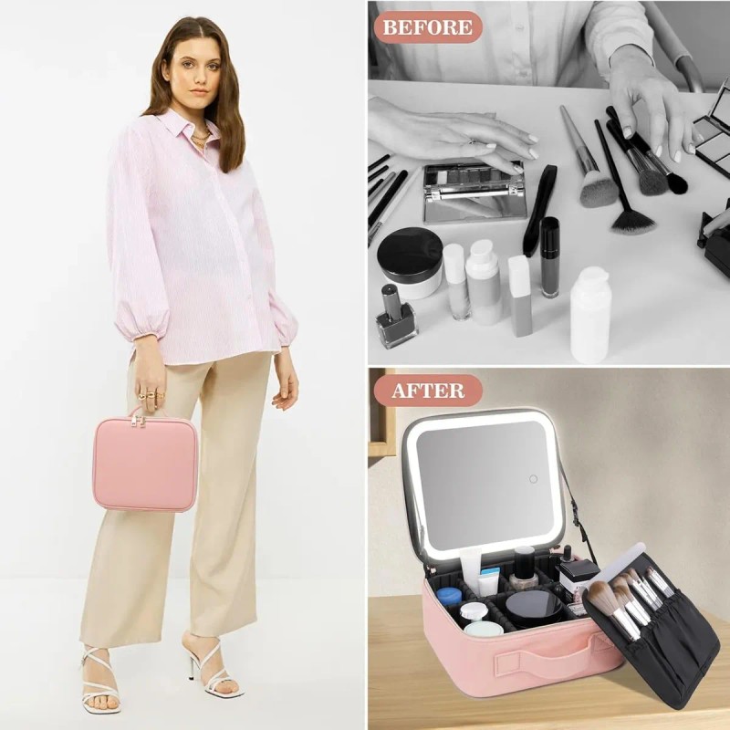 Estuche De Maquillaje Maletin Con Espejo Y Luz Led 3