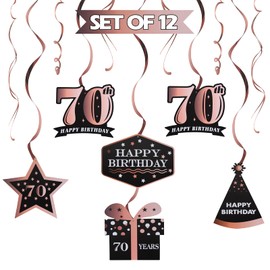 LINGTEER Happy 70th Birthday Decorations - 12 Pcs Birthday Black & Rose Gold Foil Swirls Streamer Set,Cheers to Seventy Years Old Bday Party Gift Decorations Sign.
