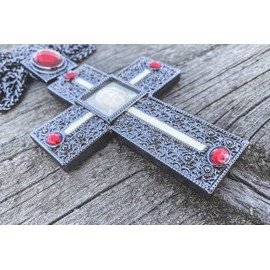 Nazareth Store Silver Plated Pectoral Cross Multi Zircons Crystallized Elements Christian Priest Bishop Large Crucifix Pendant with Necklace 24" (Antique Silver Pectoral Cross)