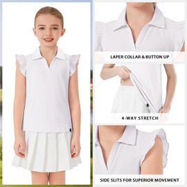 Soneven Girls Sleeveless Golf Polo Shirts V Neck Ruffle Sleeve Tennis Shirts Athletic Tank Tops for Age 4-16 Years