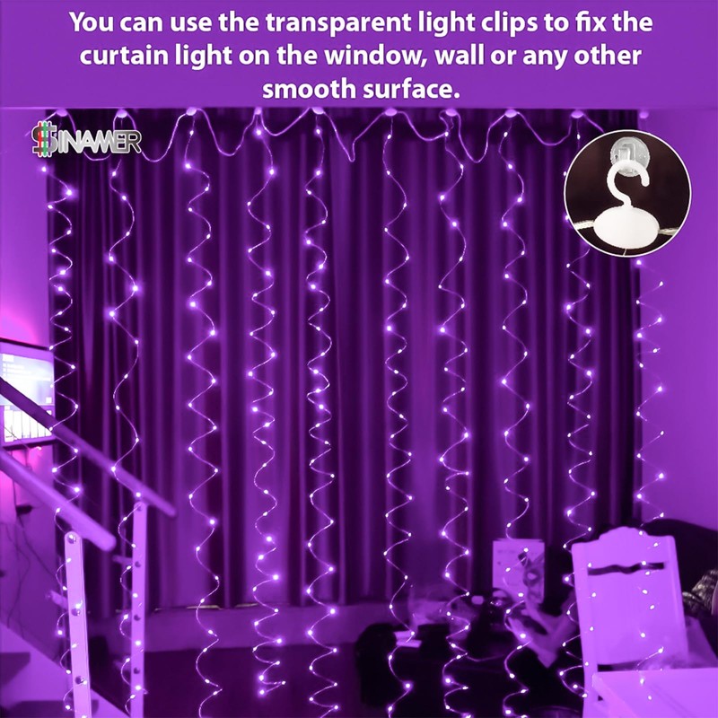 SINAMER Purple Curtain Light for Bedroom, 300 LED 9.8ft x