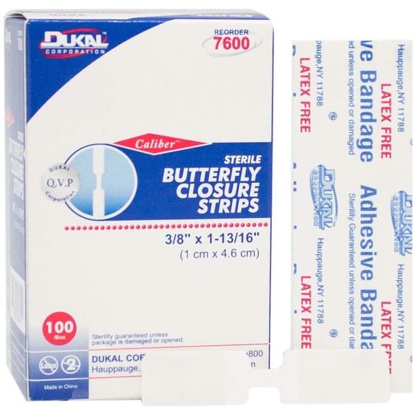 Dukal Butterfly Closure Strips. Pack of 100 Adhesive Wound Closure Bandages. Sterile Bandages for Wound Protection. Single use. Individually Wrapped. Easy to Apply.