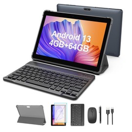 2025 Newest 10.1-Inch Android 13 Tablet, with Keyboard, Mouse, Case, Stylus, Features Quad-Core Processor, 4GB RAM + (64GB/1TB Expandable), 2.4GHz WiFi, 2+8MP Dual Cameras, 6000mAh Battery, Perfect for Learning, Entertainment, Office Use
