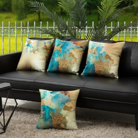 HOSTECCO Teal and Gold Throw Pillow Covers 18x18 inch Set of 4 Turquoise Gold Abstract Pillow Cases Modern Decorative Cushion Covers for Sofa Couch