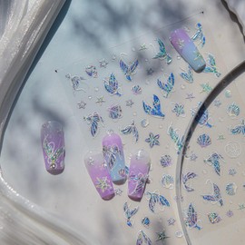 LIFOOST 5D Embossed Laser Mermaid Nail Art Stickers Dreamy Fishtail Shellfish Starfish Nail Design Stickers Self Adhesive Summer Ocean Decals for Nails DIY Decor