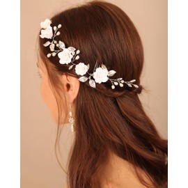 Xerling White Flower Silver Leaf Hair Vine Vintage Hair Combs Headpiece Hair Accessories for Women Flower Girls Bride Wedding Prom Headband (Silver)