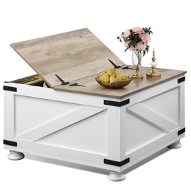 WLIVE Farmhouse Coffee Table, 31.5" Square Wood Center Table with Flip-Top Lids and Large Hidden Storage Compartment for Living Room, Bedroom, White