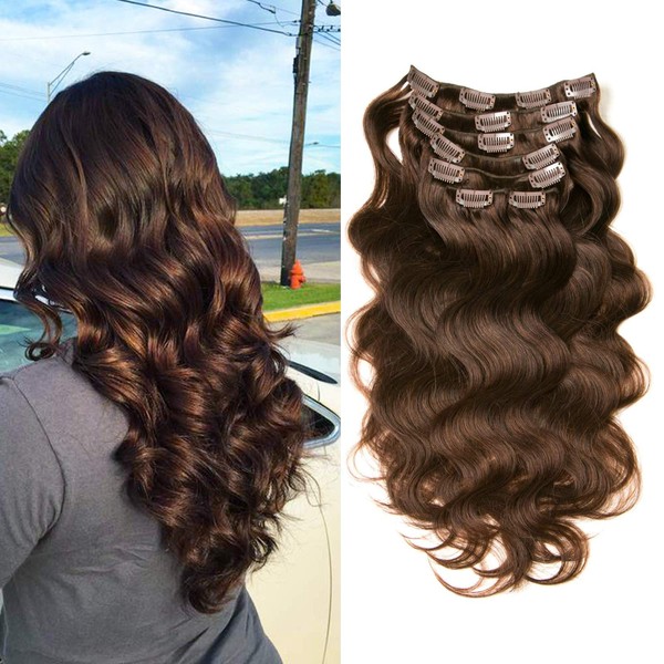 8A 7 Pieces Wavy Clip-In Hair Extensions Full Head 16 Clips Real Hair Pieces 22 inches 2# Dark Brown 80 g