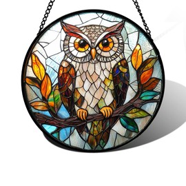 DASTOLL Stained Glass Window Hanging, Owl Colorful Leaves Birds Sun Catchers Diamond Glass Panel Hangings Suncatcher Decor for Birthday for Women, Men, Wife, Aunt, and Mom 9.8 in
