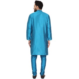 SKAVIJ Men's Art Silk Ethnic Motifs Kurta Pajama Thread Work Round Neck Festive Party Dress (KP025turquoise_Turquoise_M)