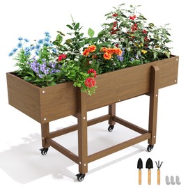 LUE BONA Raised Garden Bed with Wheels, 48 * 16.7 * 28 in, HDPS Elevated Planter Box with Tools, Weather Resistant, Standing Growing Bed Herb Planter for Vegetable, Outdoor