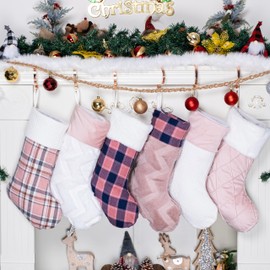 LUBOT 6 Pack Christmas Stockings Large Family Xmas Stocking Pink Match Flannel Plaid Plush Fur Hanging for Holiday Decorations