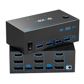 3 Monitors 2 Computers KVM Switch, Reyoten 8K KVM Switches,3 Monitors 2 Computers HDMI DP Switch, 4K Switch for 2 PCs Share Monitor Keyboard Mouse Printer with 2 USB Cables, Power Adapter