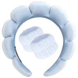 DRESHOW Spa Headband for Washing Face Wristband Set Sponge Soft Terry Cloth Makeup Skin Care Non-Slip Headband for Women, 1 set: 83B blue