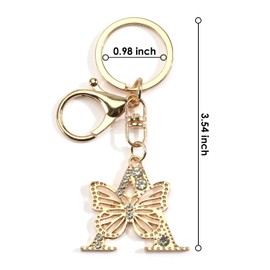 Letter Butterfly Keychain Initial Bag Charm for Women Gold Keychains with Bling Rhinestone Initial Keychain Bling Keychains, A