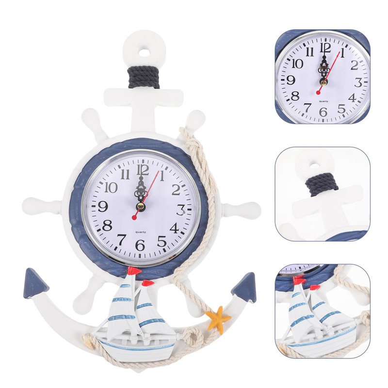 Mediterranean Style Anchor Clock Beach Sea Theme Nautical Ship Wheel