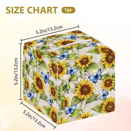 DELORIGIN Tissue Box Holder with Sunflowers Motif, Square Tissue Box with Butterflies, Foldable Tissue Box Holder for Bedroom, Bathroom, Car, Bedside Table