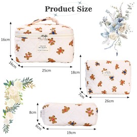 Dvehdbay 3Pcs Quilted Makeup Bag - Cotton Large Floral Makeup Bag, Travel Cosmetic Bag Cute Flower Aesthetic Floral Toiletry Organizer Bag Set for Women (09Off White-Bear)