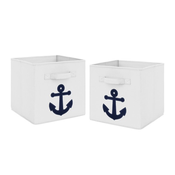 Sweet Jojo Designs Navy Blue Nautical Anchor Foldable Fabric Storage Cube Bins Boxes Organizer Toys Kids Baby Childrens for Anchors Away Collection Set of 2