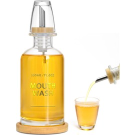 Mouthwash Dispenser for Bathroom 11.8oz – Clear Glass Mouthwash Bottle with Bamboo Tray, Silicone Base, Gold Hot-Stamped Lettering, Refillable Mouthwash Container for Bathroom (Clear)