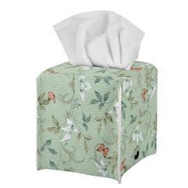 Tutolipy Green Leaves Butterfly Print Tissue Box Cover Novelty Home Decorative Leather Case Facial Paper Cube Tissue Paper Holder Napkin Organizer Dispenser with Bottom Belt
