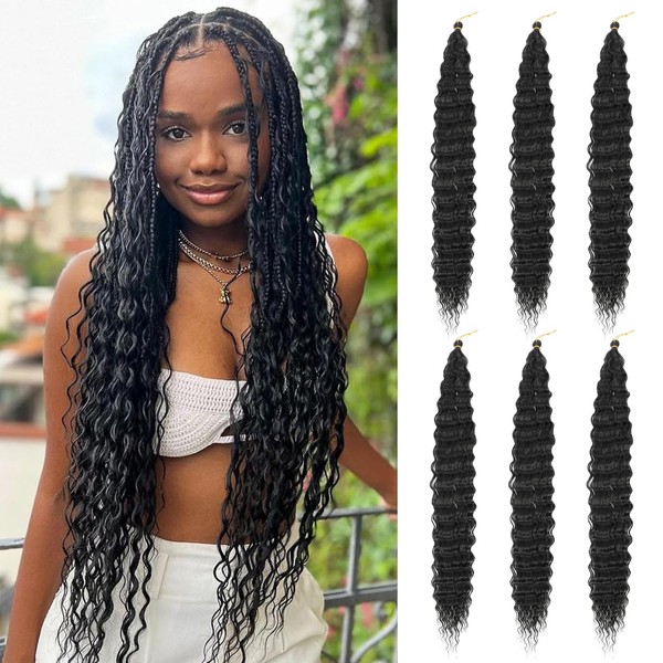 Herkeymidy Ocean Wave Crochet Hair 6 Packs 22 Inch Deep Wave Wavy Braiding Hair Crochet Synthetic Braids Hair Extension for Black Women (6 Packs, 1B)