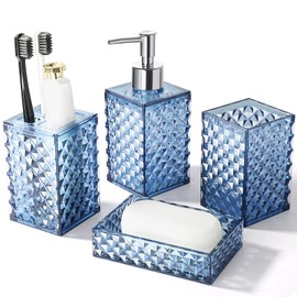 RYTOXILO Bathroom Accessories Set, 4 Pack Blue Acrylic Bath Accessory Sets Complete, Diamond Soap Dispenser and Toothbrush Holder Bathroom Counter Sink Set, Boho Modern Bathroom Decor