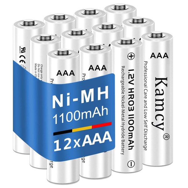 KAMCY - Pilas recargables AAA de 1100 mAh de 1,2 V Ni-MH recargables AAA de ultra alta capacidad, pilas triple A precargadas – 12 unidades (paquete de 1)