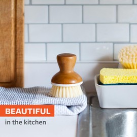 Full Circle Bubble Up -Bamboo Dish Brush & Ceramic Soap Dispenser -Scrub Set for Dishes, Nonstick and Cast Iron -Kitchen Cleaning Tool with Natural Bamboo Handle,White