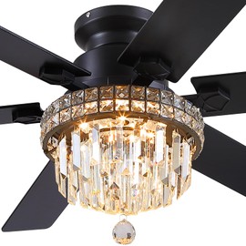 Asyko Crystal Ceiling Fan Fandelier with Lights - 52" Outdoor Fans with Remote Control，Crystal Ceiling Fans Noiseless DC Motor, Retro/Farmhouse Lighting, Dining Room,Living Room