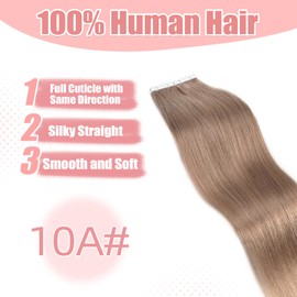 Vlasy Tape in Hair Extensions Human Hair 16 Pcs Medium Ash Brown Invisible Straight Seamless Skin Weft Mini Tape Extensions Real Human Hair 10A# 20 Inch