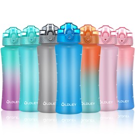 OLDLEY Kids Water Bottle with Straw 15 oz BPA-Free Leak-Proof Motivational Water Bottles with Time Marker for School Sports Travel Gym, Easy to Use for Girls Goys, 1 Straw Lid, Lake