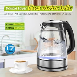 NISVITU, Double Glass Stainless Steel Cordless Electric kettle for boiling water, Hot water boiler Electric Tea Kettle automatic shut off Boil-Dry Protection Anti-Scald 1.7L 1500W, Black