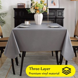 SASTYBALE Vinyl Tablecloth with Flannel Backing Waterproof Oil-Proof Plastic Tablecloths for Rectangle Tables, Wipeable PVC Table Cloths for Kitchen Dining(Silver Gray, 60 x 102 Inch)