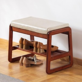 SOBIBO Solid Wood Shoe Bench, 2-Tier Wooden Entryway Bench, Modern Shoe Rack with Faux Leather Cushion for Hallway, Living Room (Gray, 21.65'')