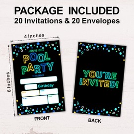Hsupl Birthday Invitation Cards （4"x6" - Pool Party - Set Of 20 Birthday Invitations With Envelopes - Summer Retro Glow Neon Invites For Boys Girls Teens Kids - Party Supplies - A13