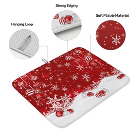 Merry Christmas Ball Drying Mats for Kitchen Counter, Xmas Snowflake Snow Red Microfiber Absorbent Dish Drainer/Rack Mat,Reversible Hangding Quick Drying kitchen Decor,16x18 Machine Washable