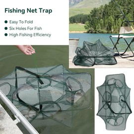Hominas Fishing Net, 6 Hole Trap for Fishing, Foldable Fishing Net Trap, Nylon, Foldable Crab Fish Trap, Cast for Catching Fish, Shrimp, Crab, Crawfish