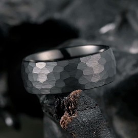 King Will 8mm Hammered Wedding Rings for Men Women Domed Black Tungsten Engagement Ring Brushed Tungsten Size N to Z Available, 66.0 (21.0), Non-precious metal, No Gemstone