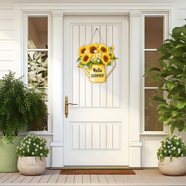Hoblynth Hello Summer Door Sign for Home Decorations Indoor Outdoor 11" Wooden Welcome Summer Hanging Sign for Front Door Floral Watering Can Hanger for Porch Wall Decor Floral Signs for Garden
