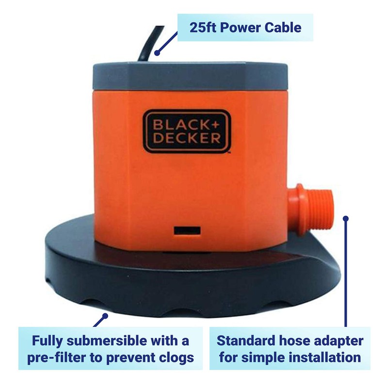 Black+Decker Pool Cover Pump, 800 Gallons Per Hour, Manual Switch