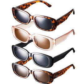 Frienda Black Rectangle Retro Chunky Sunglasses Pack Trendy Square Vintage 90s Glasses for Women Men (Black, Champagne, Leopard and Tawny, Leopard and Grey)