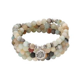 Flongo Beads Gemstone Yoga Bracelet Wrap Bracelet Natural Stone Buddha Buddhist Tibetan Prayer Beads Healing Reiki Mala Chain Necklace with Lotus Pendant, Stone
