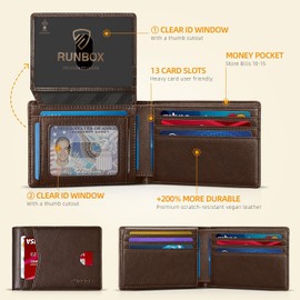 RUNBOX Slim Wallet for Men 15 Slots Ultra Large Capacity RFID Blocking Bifold Credit Card Holder with 2 ID Window