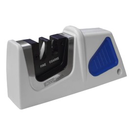 AccuSharp Compact Pull-Through 2-Stage Knife Sharpener, Repairs & Restores Kitchen Knives, Hunting Knives, Straight or Serrated Blades, Diamond-Honed Tungsten Carbide, Fine Ceramic Rods, White/Blue