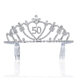 50 Years Old Four Eighteen, Nineteen, Fifty Five-Year-Old Rhinestone Tiara Crown With Hair Combs Princess Headband Headpiece Birthday Party T816 (#50 Silver)